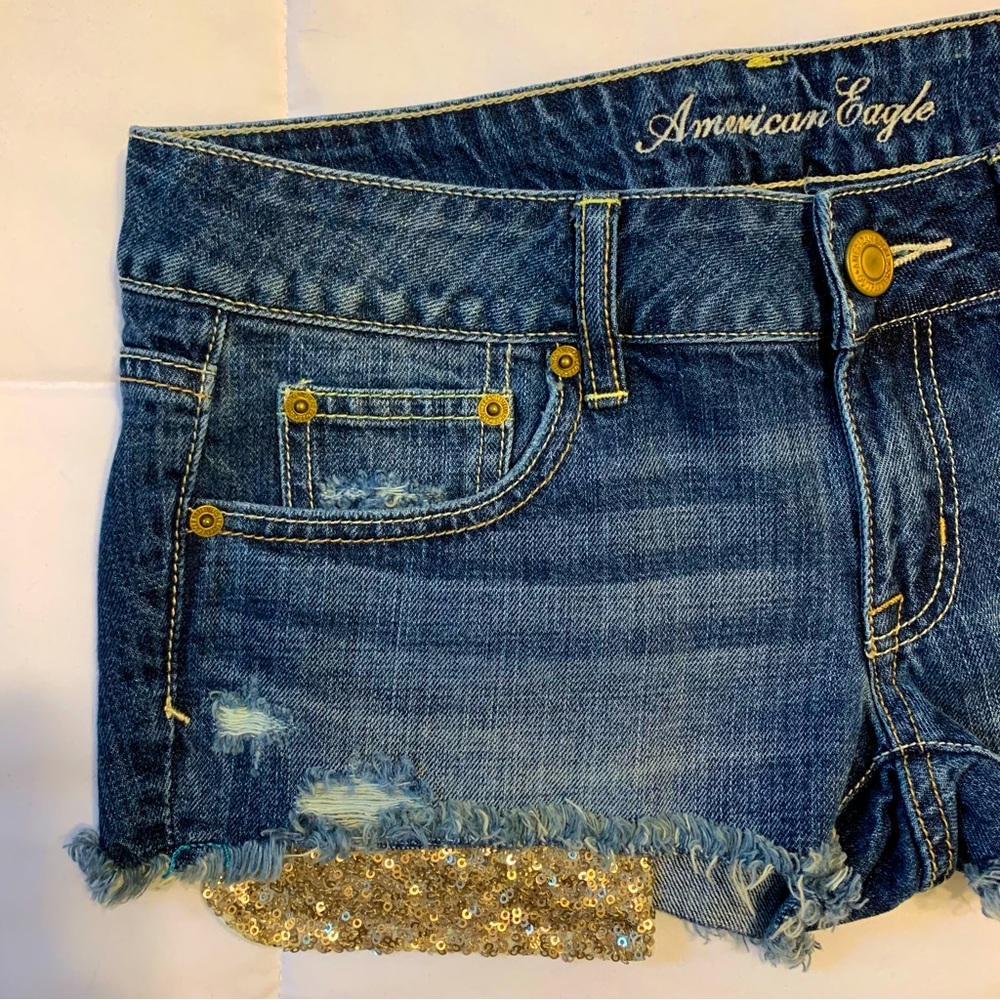 American Eagle: Festival Sequin Shortie Shorts; Gold sequins; shiny pockets